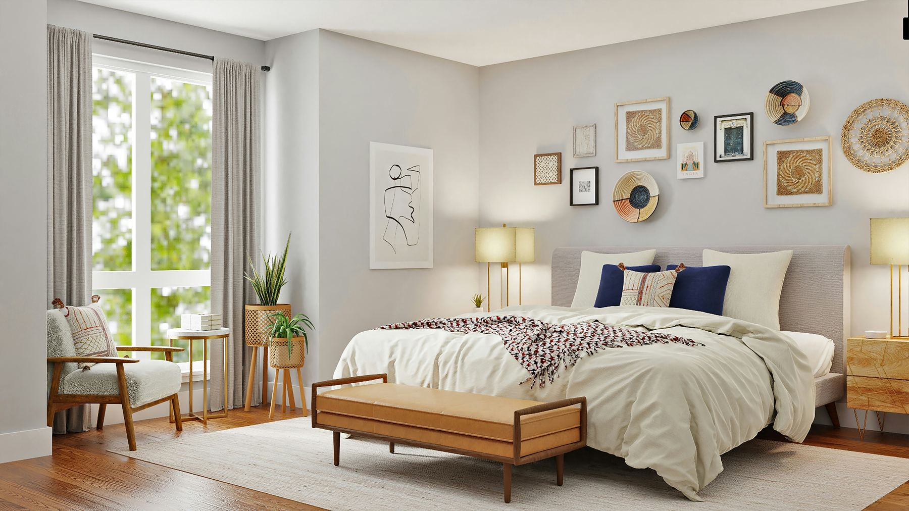 Bedroom with gallery wall and upholstered headboard
