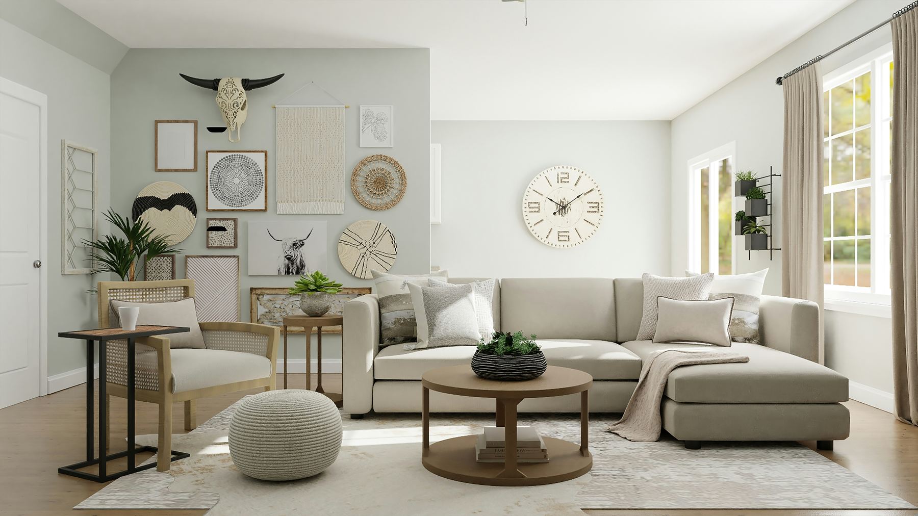 Living room with grey sofa and arc lamp