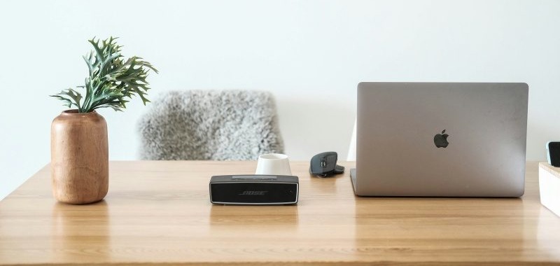 Calm home workspace with desk, laptop and plant