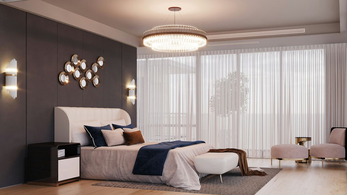 Master bedroom with tufted headboard and chandelier